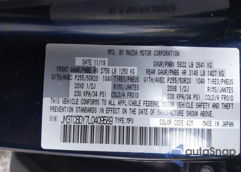 2020 Mazda Cx-9 Grand Touring z USA, uszkodzony, nr VIN JM3TCBDY7L0409589